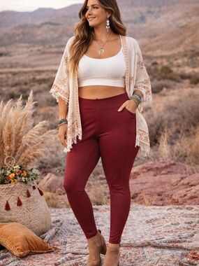 Burgundy High Waisted Leggings 5XL Plus Size Stretch Pocket Activewear